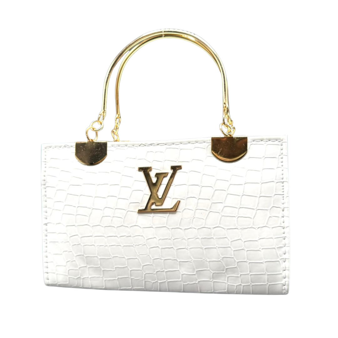 LV White & Black Croc-Textured Handbag with Golden Handles