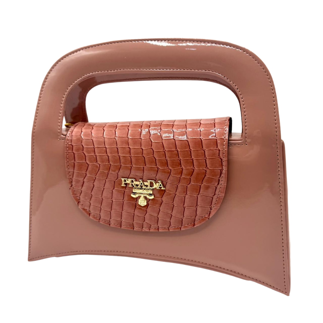 Prada-Inspired Pink Croc-Textured Handbag – Modern Chic with Golden Detailing