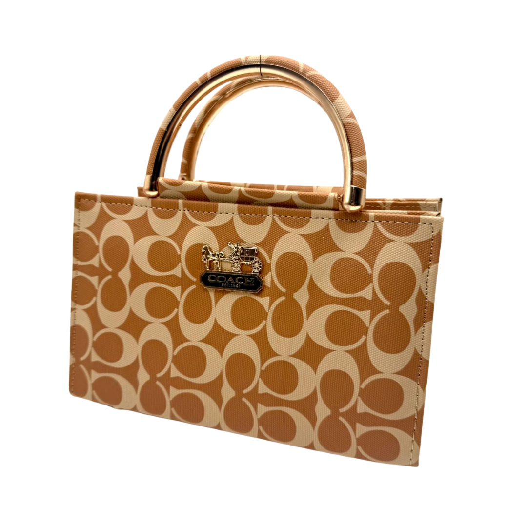 Coach-Inspired Printed Handbag – Signature Style with Golden Handles