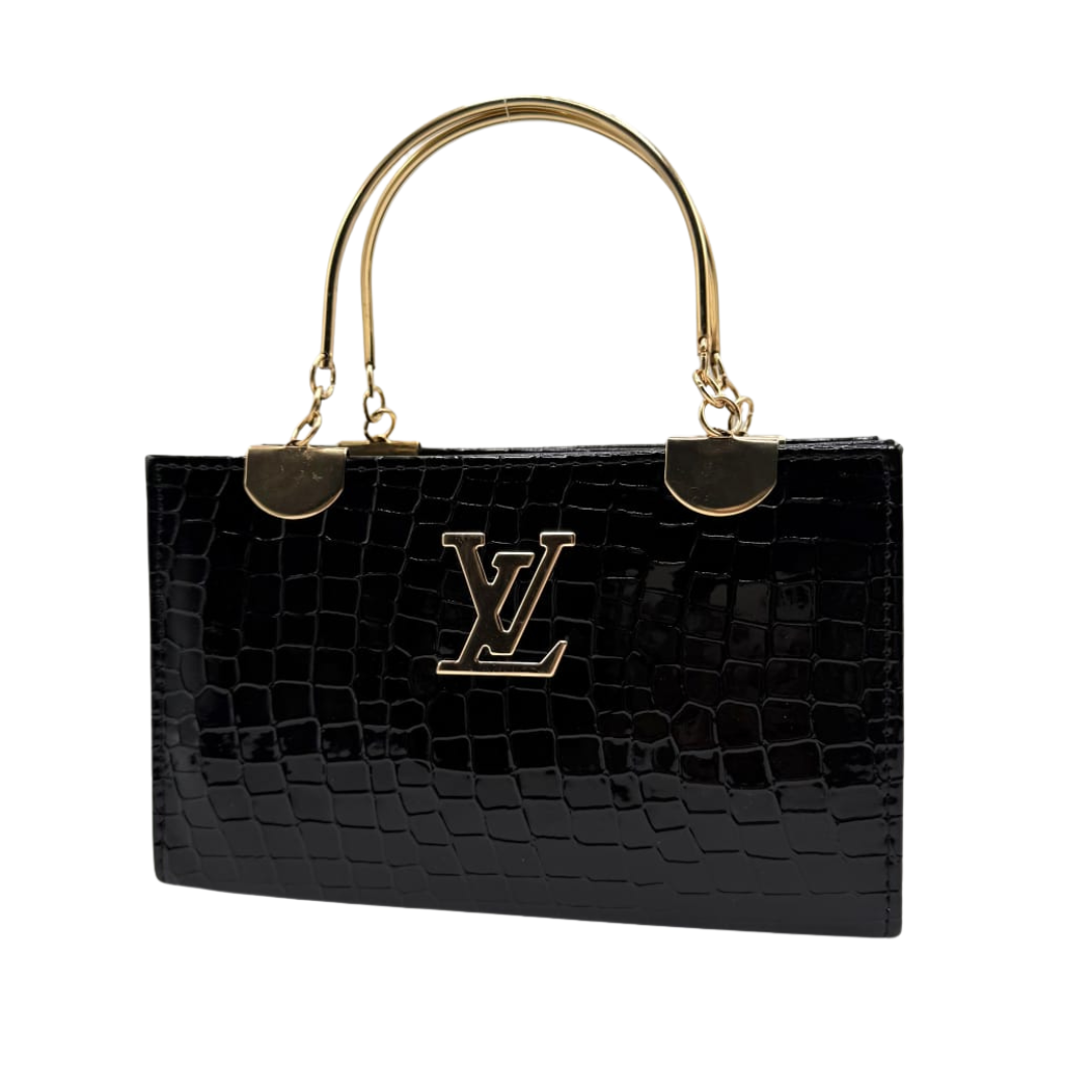 LV White & Black Croc-Textured Handbag with Golden Handles