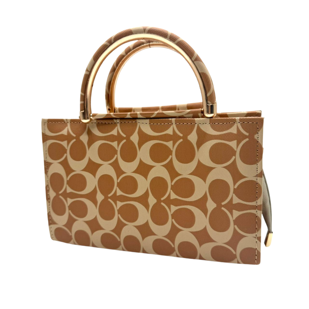 Coach-Inspired Printed Handbag – Signature Style with Golden Handles