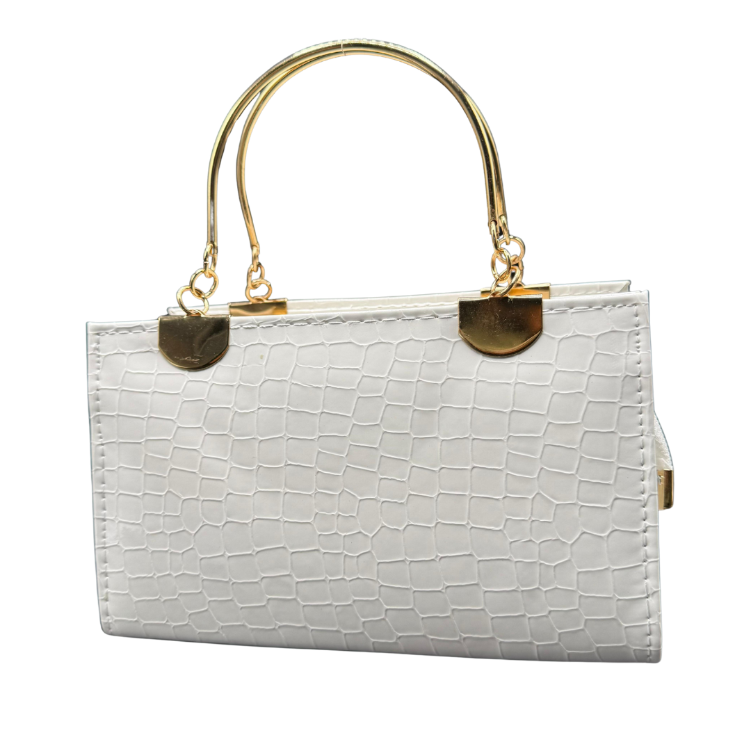 LV White & Black Croc-Textured Handbag with Golden Handles