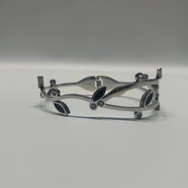 Elegant Silver Leaf Bangle with Black & Crystal Accents