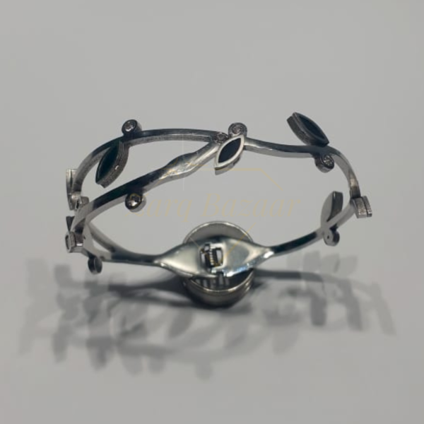 ✨ Elegant Silver Leaf Bangle with Black & Crystal Accents ✨ - Image 3