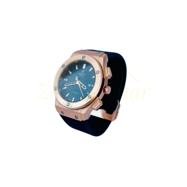 Hublot-Inspired Classic Men's Wrist Watch – Black Strap with Gold-Toned Dial - Image 2